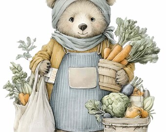 16 PNG Bear Farmer Market Grönsaksskördeillustration