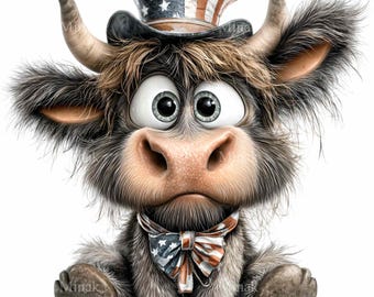 12 PNG Patriotic Highland Cow American Flag Hat Clipart