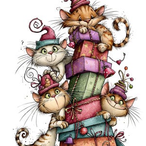 May include: A stack of colorful wrapped gift boxes with three cats wearing festive hats. The cats have brown and white fur, large green eyes, and long whiskers. The gifts are decorated with ribbons, bows, and ornaments in shades of red, green, and purple.