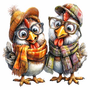 12 png herfstkippen clipart – grappige cartoonvogel png – boerderijdieren in sjaals voor sublimatie, knutselen, kinderkaarten, printables