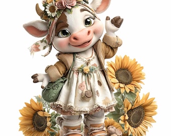 15 PNG Sunflower Cow Clipart, Farmhouse Calf Floral Headdress, Nursery Sublimation