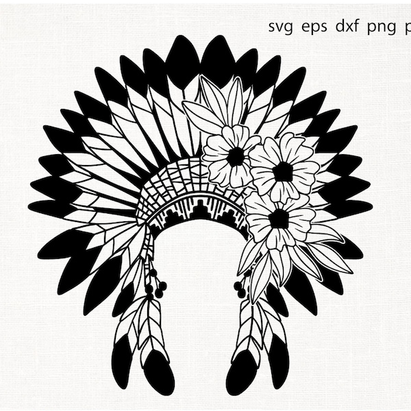 Indian headdress svg shirt indian eagle feathers war bonnet ethnic tribal warrior native american boho girl cricut cut file vector drawing