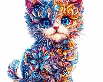 12 PNG Cat Clipart, Colorful Floral Kitten Illustration, Animal Wall Art Printable, Digital Download