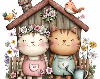 15 casitas para pájaros con forma de gato de jardín PNG, regadera de primavera con diseño floral para sublimación