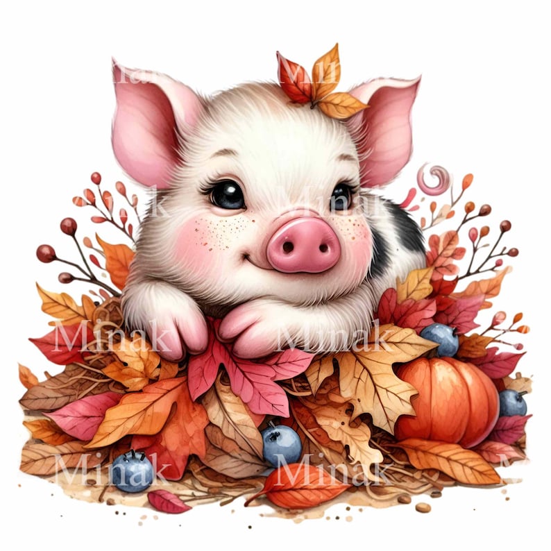 15 PNG Fall Pig Clipart, Autumn Leaves Piglet, Thanksgiving Animal ...