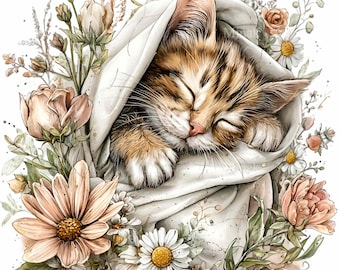 12 clipart PNG de chat endormi à l'aquarelle, motif de couverture fleurie