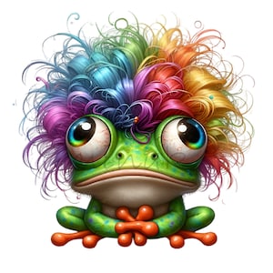 12 clipart PNG drôle de grenouille avec des cheveux arc-en-ciel, de grands yeux, une coiffure bouclée colorée, un dessin animé mignon d'amphibiens pour des motifs par sublimation