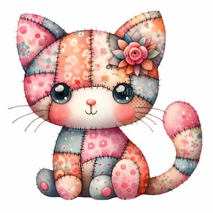 Patchwork Kitten PNG Clipart | 14 Cute Quilted Cat Illustration | Floral Patterned Stuffed Animal Art Digital Download