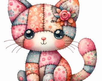 Clipart PNG de gatinho patchwork | 14 ilustrações fofas de gatos acolchoados | Download digital de arte de bichinho de pelúcia com estampa floral