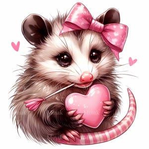 10 süßes Opossum PNG Clipart, entzückendes Opossum mit rosa Schleife, die Herz hält, Valentinstag Tierkunst, digitaler Download