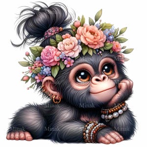 12 cliparts PNG singe mignon avec couronne de fleurs et bijoux | Bébé chimpanzé avec noeud supérieur et bracelets | Téléchargement instantané