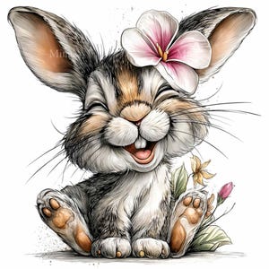 May include: A cheerful cartoon rabbit with a big smile, wearing a pink and white flower. The rabbit has brown, white, and gray fur, with long ears and whiskers. It is sitting with its paws forward, surrounded by leaves and flowers.