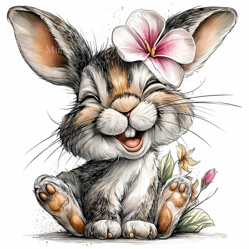 May include: A cheerful cartoon rabbit with a big smile, wearing a pink and white flower. The rabbit has brown, white, and gray fur, with long ears and whiskers. It is sitting with its paws forward, surrounded by leaves and flowers.