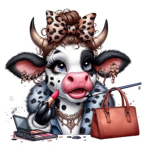 Può includere: Una mucca di cartone animato con macchie bianche e nere che indossa un fiocco leopardato, una collana d'oro e una giacca di jeans. La mucca tiene un rossetto rosso e un pennello per il trucco. In primo piano c'è una palette di trucco e una borsa a mano marrone.