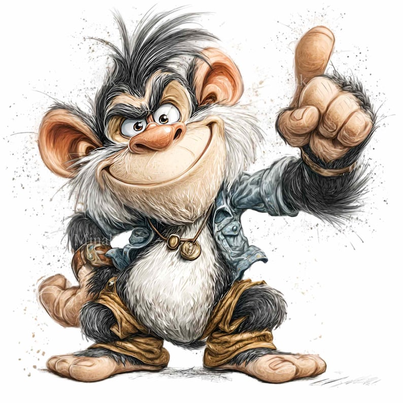 May include: A cartoon illustration of a smiling monkey with a thumbs-up gesture. The monkey wears a blue denim jacket, tan pants, and a necklace. The monkey has black and white fur, a large smile, and is set against a white background.