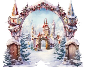 10 immagini PNG di castelli di neve invernali, clipart di archi ghiacciati, sfondi di paesaggi natalizi