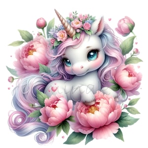 14 süßes Einhorn PNG mit rosa Pfingstrosen und Blumenkrone, Pastellpony für Mädchen Basteln und Kinderzimmer Dekor