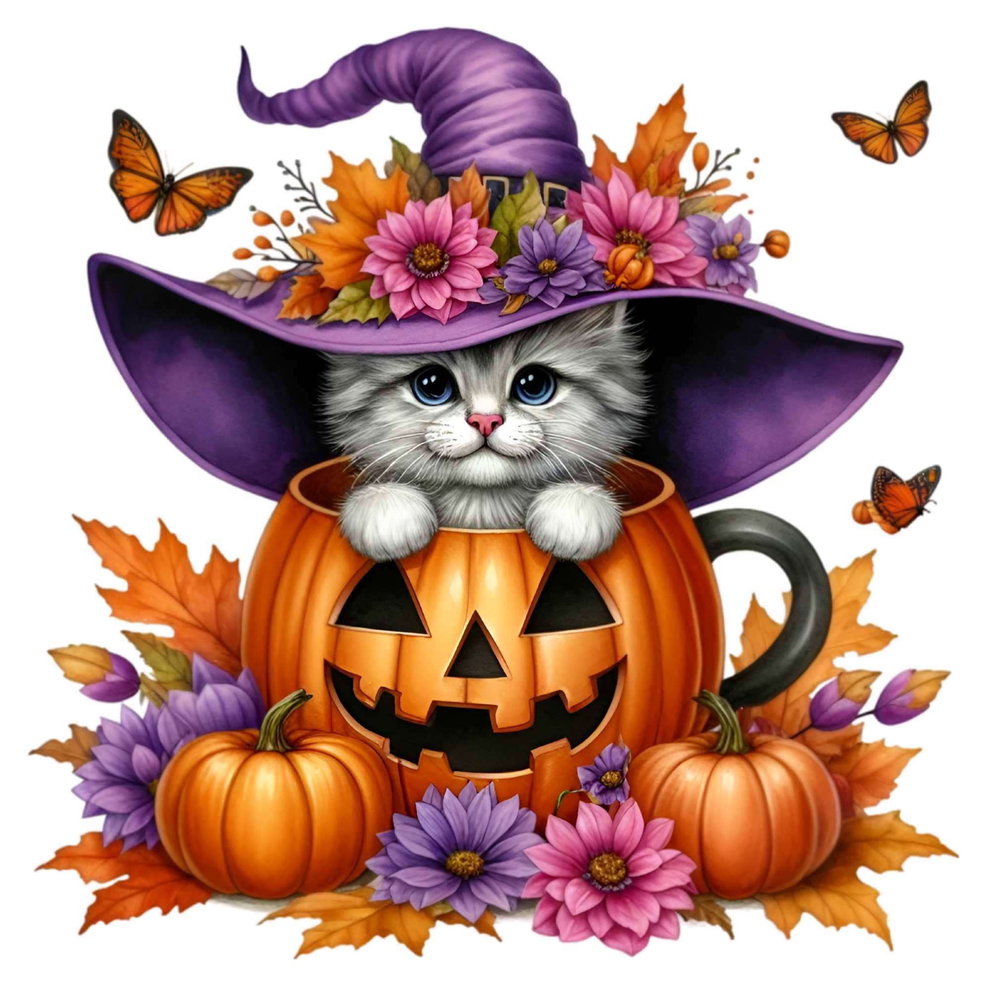 12 Cute Halloween Kitten in Pumpkin PNG Clipart, Witch Cat in Jack-o ...