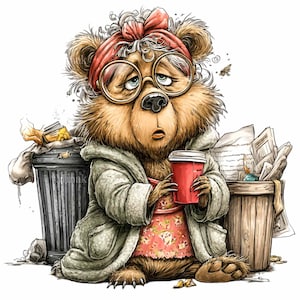 Può includere: Un'illustrazione stravagante di un orso bruno con una fascia rossa e occhiali, che tiene in mano una tazza di caffè rossa. L'orso è vestito con un accappatoio e un abito floreale, seduto vicino ai bidoni della spazzatura. L'opera d'arte ha uno stile a cartoni animati.