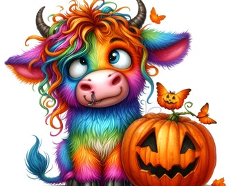 12 vacas de las Tierras Altas Arcoíris de Halloween PNG, calabaza mariposa pastel arte peludo