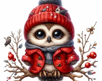 12 Cappotto Gufo Sciarpa Invernale PNG Clipart, Uccello Festivo su Ramo Grafica