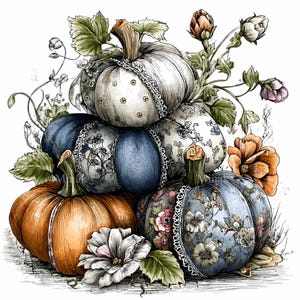 Könnte beinhalten: Eine Illustration einer Sammlung von Kürbissen in verschiedenen Farben und Mustern. Die Kürbisse umfassen Orange, Weiß und Blau, einige mit floralen Designs und Spitzentrimm. Grüne Blätter und Blumen umgeben die Kürbisse und schaffen ein Herbsternte-Thema.