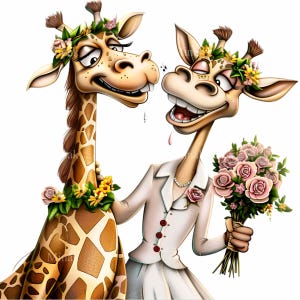 19 PNG divertenti clipart di giraffe da matrimonio con corone floreali e bouquet, cartoni animati di sposi e sposi per inviti