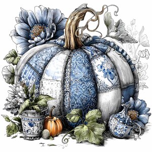 Puede incluir: Una calabaza decorativa con un dise&ntilde;o de patchwork en tonos azules y blancos, rodeada de flores azules, hojas verdes y una peque&ntilde;a calabaza naranja. La calabaza tiene un tallo marr&oacute;n y est&aacute; decorada con motivos florales.