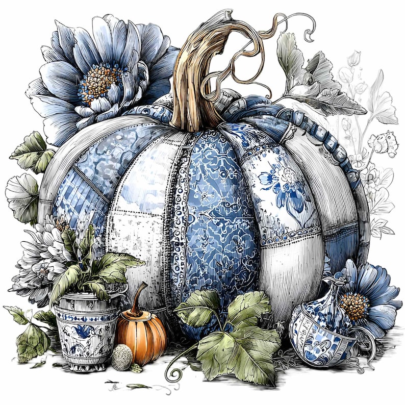 Puede incluir: Una calabaza decorativa con un dise&ntilde;o de patchwork en tonos azules y blancos, rodeada de flores azules, hojas verdes y una peque&ntilde;a calabaza naranja. La calabaza tiene un tallo marr&oacute;n y est&aacute; decorada con motivos florales.