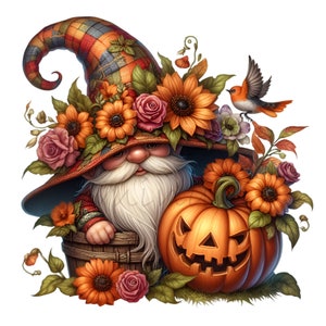 14 Halloween Gnome PNG-clipart met pompoen, zonnebloemen en geruite hoed, herfst herfst bloemen kabouter digitale download