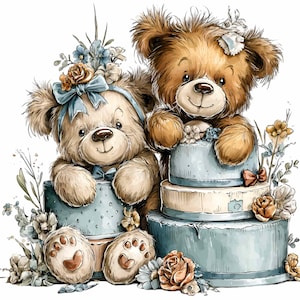 11 PNG birthday bear clipart - cute cake animal png - kids party design, gift tags, invitations, scrapbooking, sublimation art