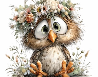 15 PNG Floral Owl Clipart – Funny Baby Chick PNG Illustration – Cute Woodland Animal with Flower Crown Drawing for Stickers, Wall Art, Craft