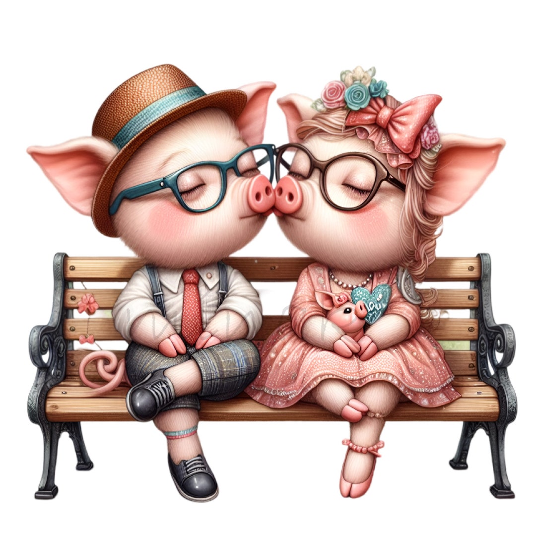 Romantic Pig Couple PNG Clipart, 12 Adorable Pigs Kissing on Bench ...