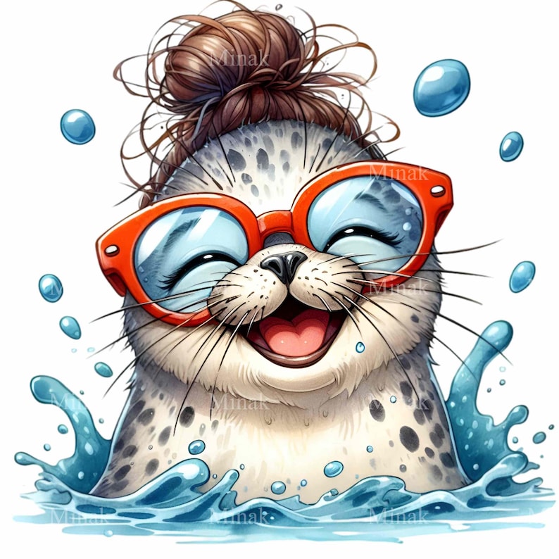 Seal PNG Clipart With Top Knot, Orange Glasses, and Water Splashes, 10