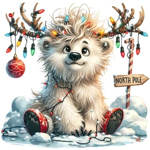 Adorable ours polaire Noël Clipart PNG - 12 ours mignon avec bois, lumières de Noël et signe du pôle Nord