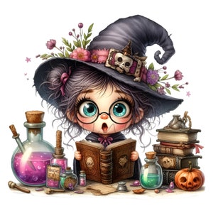 Halloween Witch Clipart PNG - 14 Ragazza carina con pozioni e libro degli incantesimi - Download digitale per artigianato e arredamento