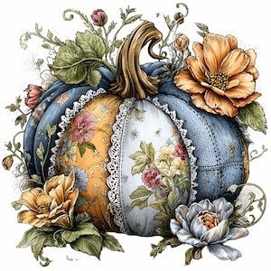 May include: A decorative pumpkin illustration with a patchwork design. The pumpkin features sections of blue, yellow, and white fabric adorned with floral patterns and lace trim. Orange and white flowers and green foliage surround the pumpkin.