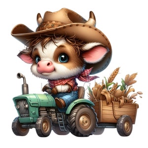 Vaquero de vaca con granja de tractores, 15 PNG divertidos dibujos animados niños ilustración clipart, imprimible, fabricación de tarjetas DIY