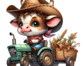Puede incluir: Una vaca de dibujos animados con un sombrero de vaquero marrón y un pañuelo rojo conduce un tractor de juguete verde con un vagón de madera lleno de tallos de trigo.