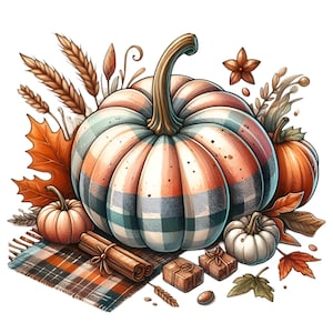 Puede incluir: Una calabaza a cuadros con un arreglo oto&ntilde;al de trigo, hojas y palitos de canela. La calabaza est&aacute; rodeada de calabazas y calabacines m&aacute;s peque&ntilde;os.