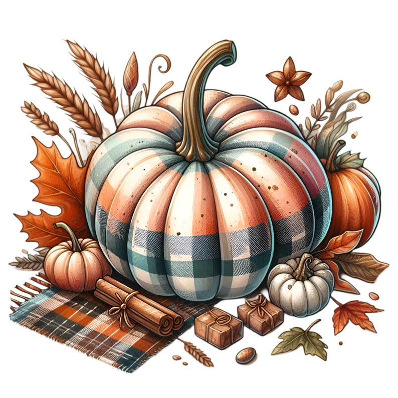 Puede incluir: Una calabaza a cuadros con un arreglo oto&ntilde;al de trigo, hojas y palitos de canela. La calabaza est&aacute; rodeada de calabazas y calabacines m&aacute;s peque&ntilde;os.