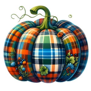 10 Clipart PNG de citrouilles écossais colorés, décoration d'automne en patchwork bleu et orange avec des fleurs, automne en téléchargement numérique