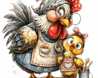 14 PNG Farm kitchen birds – Hen and chick PNG clipart – Cute apron animals for baking prints, farmhouse decor, digital art file