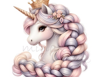 12 PNG Unicorn Princess Clipart, Gold Crown Braided Pastel Mane