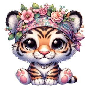 10 PNG couronne de fleurs tigre - bébé tigre PNG Clipart - animal mignon de la jungle pour enfants impressions, décoration de chambre d'enfant, invitations et scrapbooking