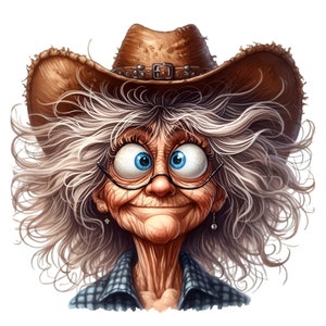Drôle grand-mère cow-girl Clipart PNG - 10 vieille dame décalée avec des lunettes et un chapeau, illustration western de dessin animé, téléchargement immédiat