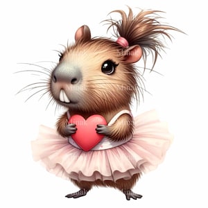 K&ouml;nnte beinhalten: Ein Cartoon-Capybara, das ein rosafarbenes Tutu tr&auml;gt und ein rotes Herz h&auml;lt. Das Capybara hat eine rosafarbene Schleife im Haar.