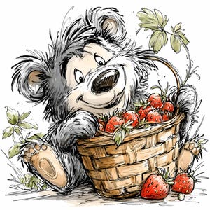 15 PNG Récolte de baies - Ours avec des fraises clipart - PNG mignon pour les impressions d'enfants, cartes d'été, art de la pépinière, travaux manuels numériques