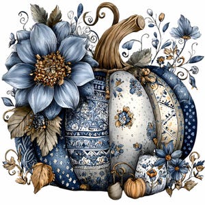Puede incluir: Ilustraci&oacute;n en acuarela de una calabaza decorativa con patrones y acentos florales azules. La calabaza est&aacute; adornada con grandes flores azules, hojas marrones y un tallo marr&oacute;n. El dise&ntilde;o tiene un aspecto vintage y art&iacute;stico.
