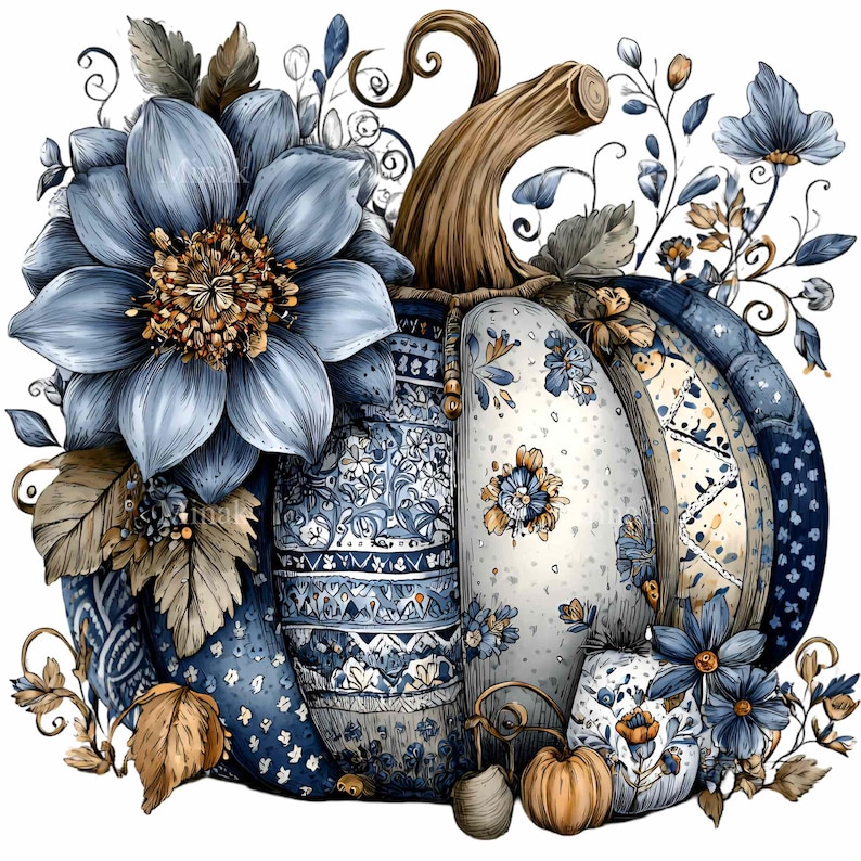 Puede incluir: Ilustraci&oacute;n en acuarela de una calabaza decorativa con patrones y acentos florales azules. La calabaza est&aacute; adornada con grandes flores azules, hojas marrones y un tallo marr&oacute;n. El dise&ntilde;o tiene un aspecto vintage y art&iacute;stico.